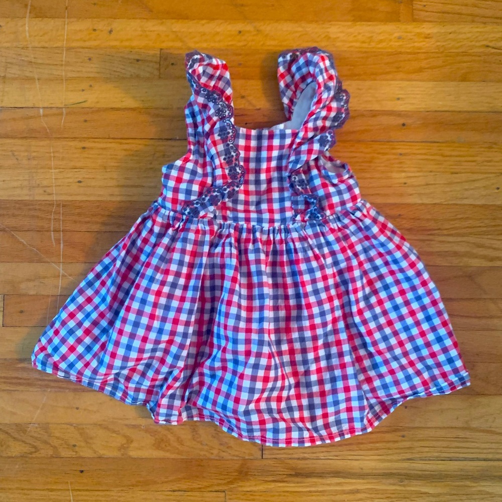 Size 6-12 mo, red white and blue gingham dress with ruffles, Gap